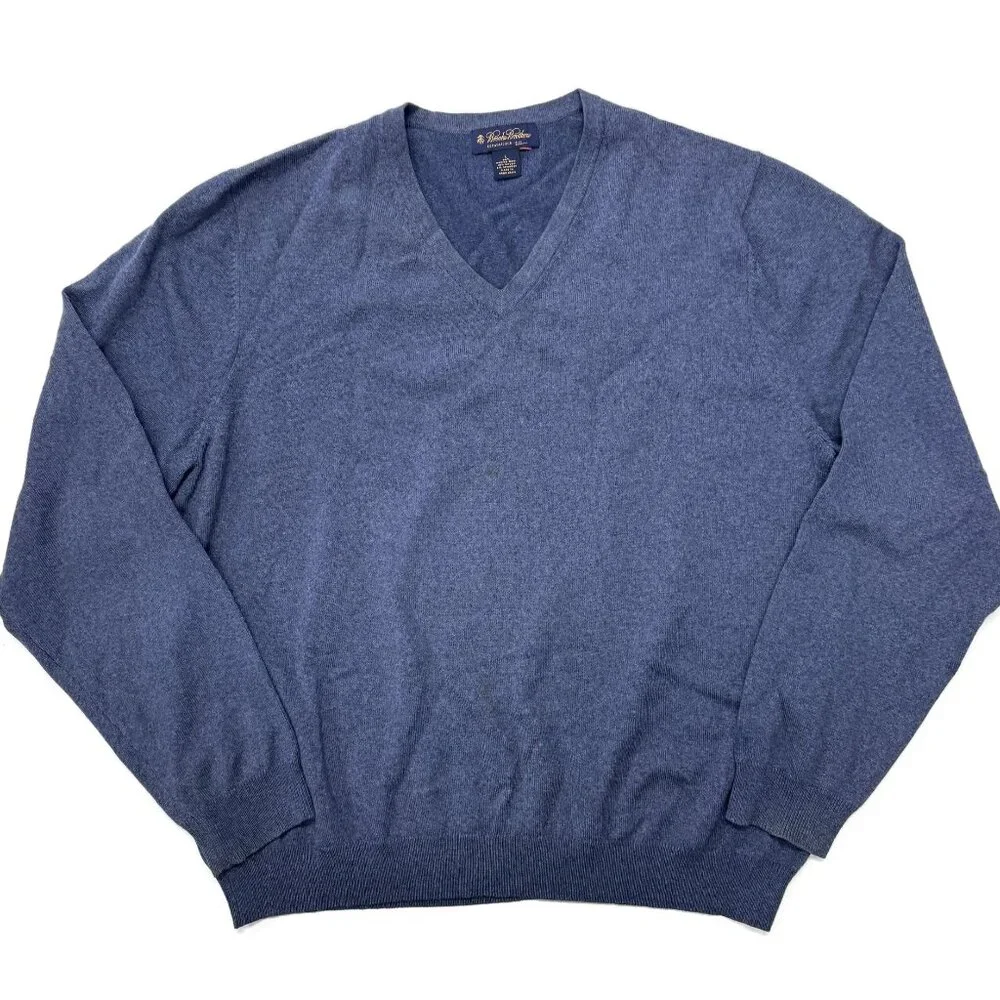 Brooks Brothers Sweater Mens Large Blue V-Neck‎ Merino Wool Stretch Pullover